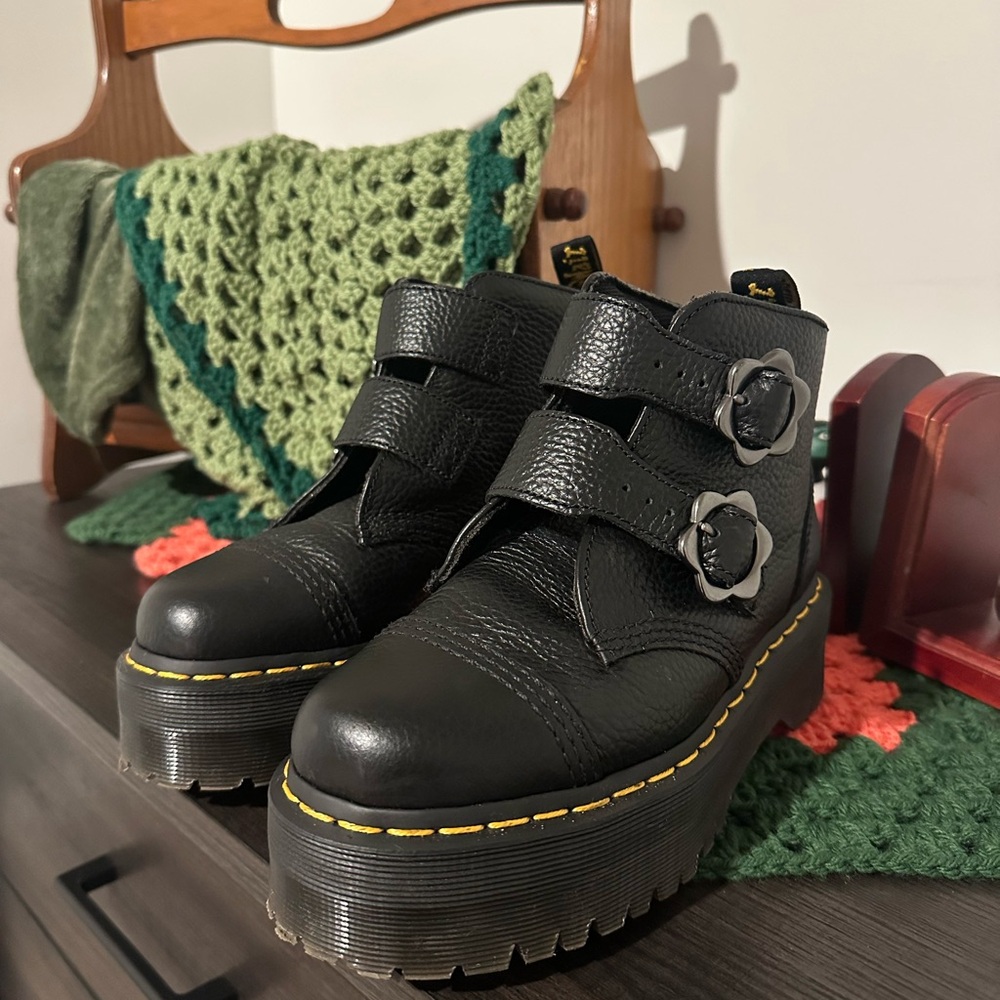 Dr. Martens Black Leather Devon Boots with flower buckles